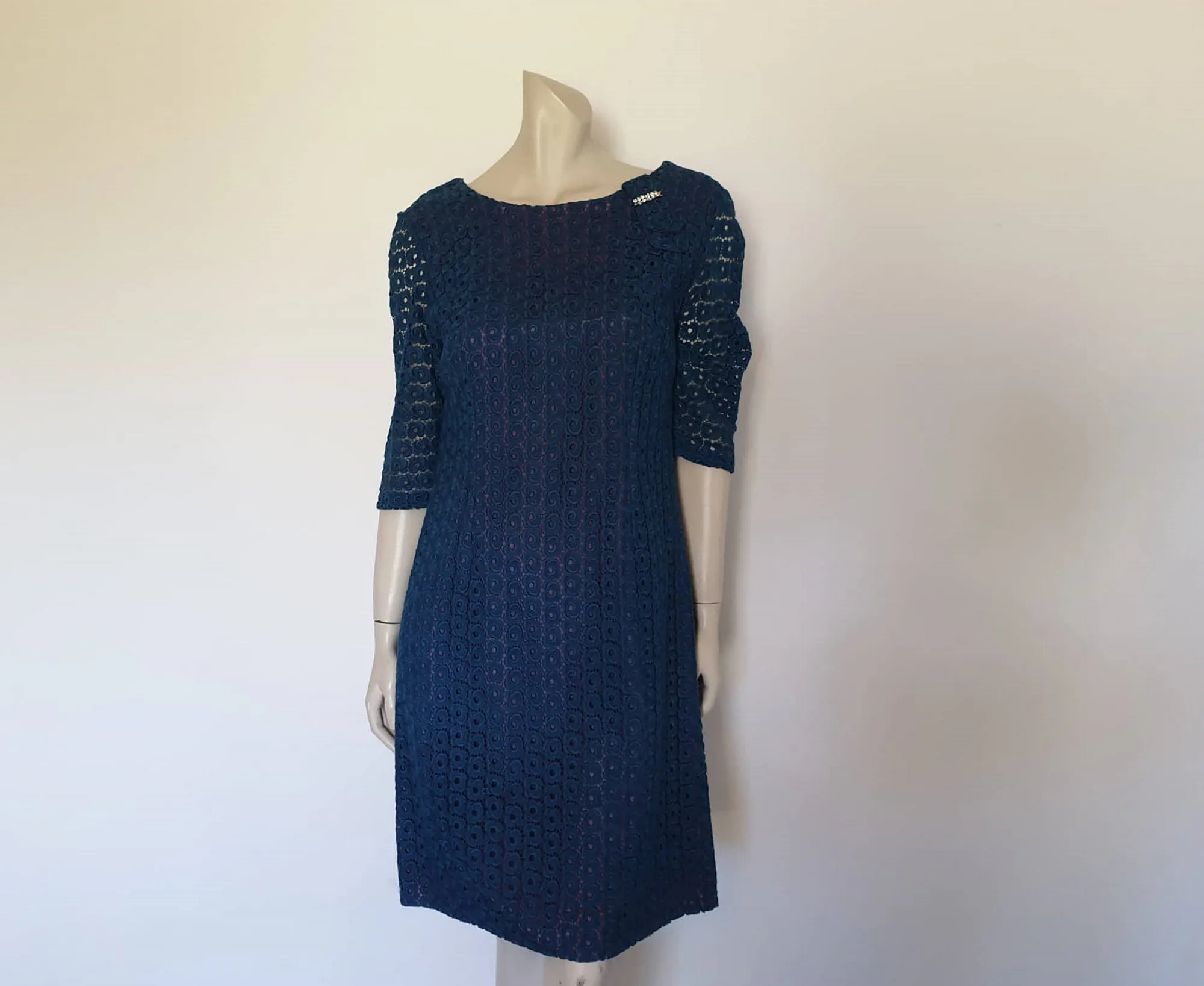 1960s Blue Guipure Lace Dress With Diamante Trim by Maurice - M