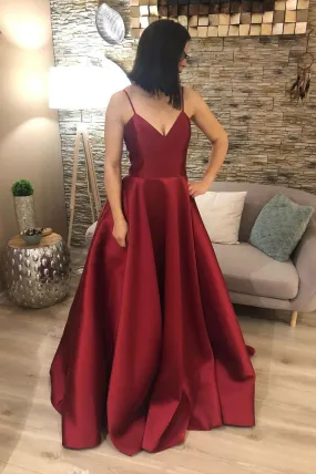 Burgundy Spaghetti Strap Satin Long Prom Dress, Simple Lace Up Evening Dress