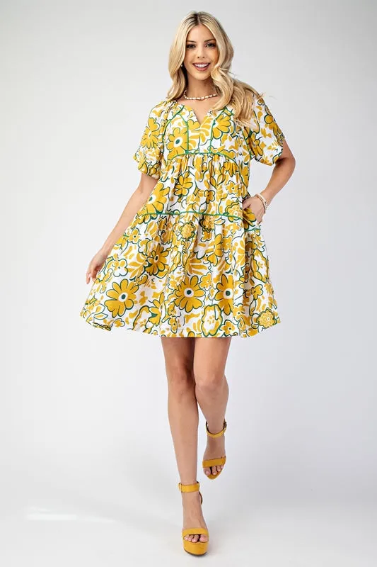 Gigio Short Sleeve Babydoll Dress with Trim - Mustard Green