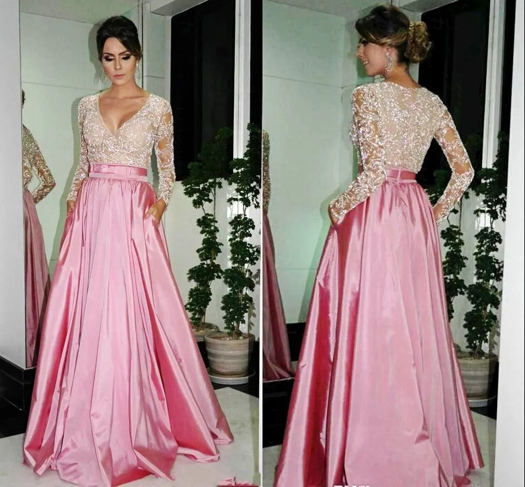 Modest Pink See Through Long Prom Dress with Sleeves