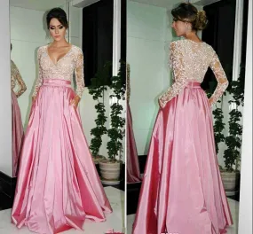 Modest Pink See Through Long Prom Dress with Sleeves