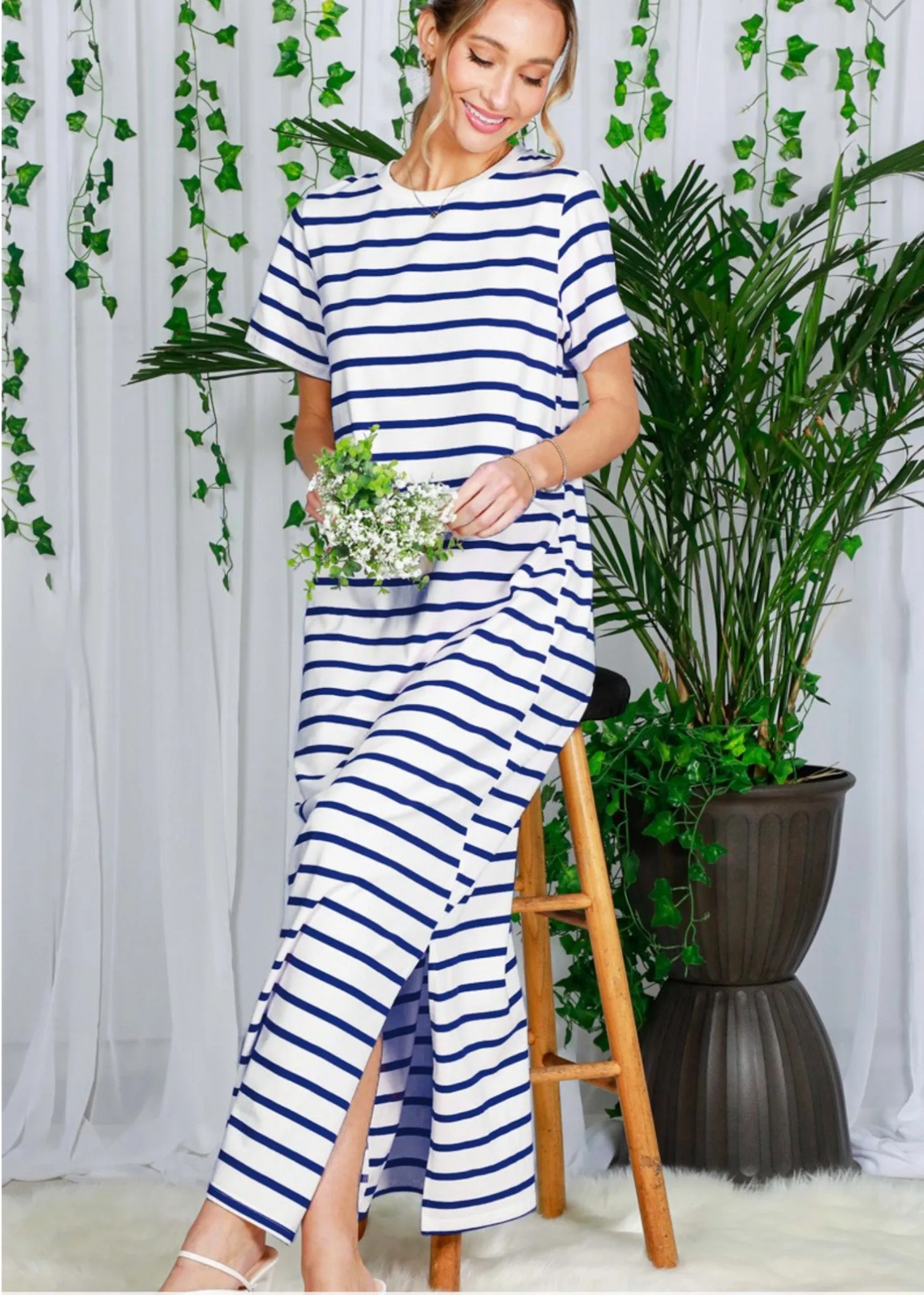 Paige, Womens T-shirt Maxi Dress, Navy Stripe