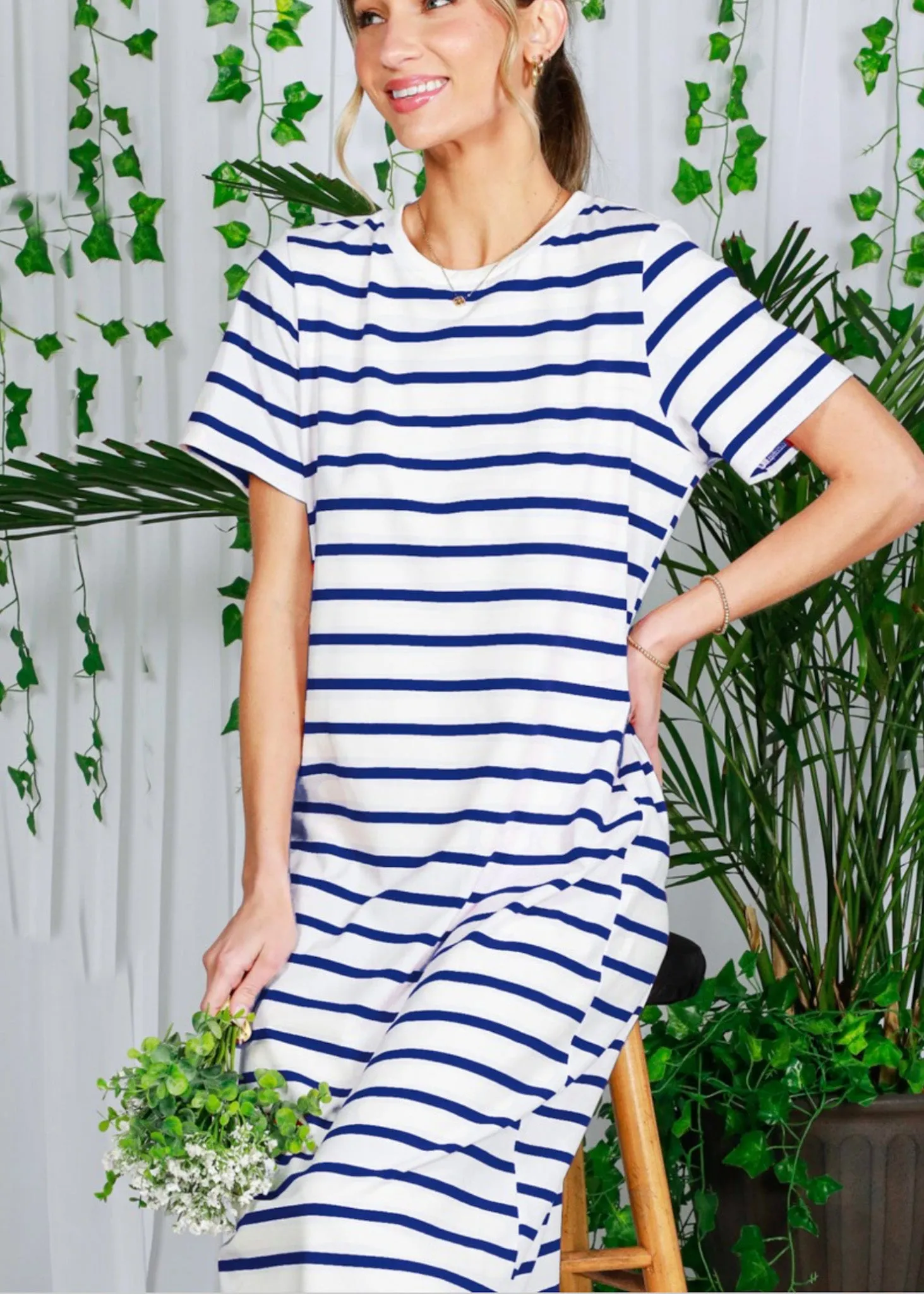 Paige, Womens T-shirt Maxi Dress, Navy Stripe