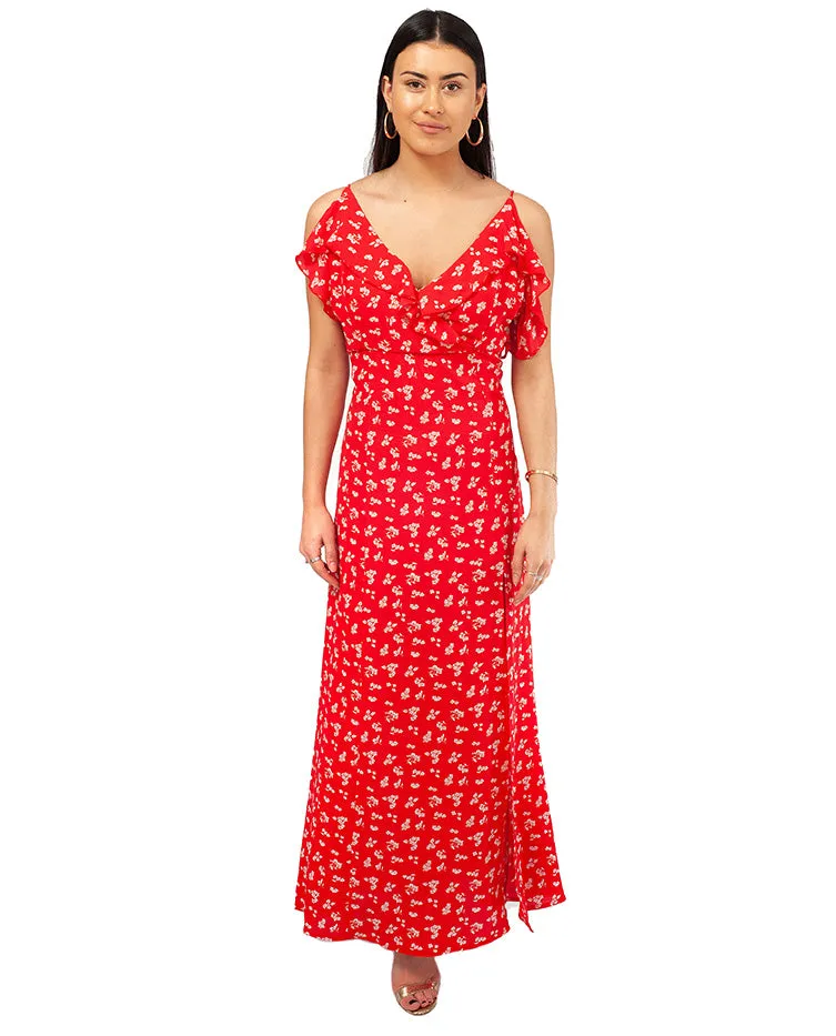 RED RUFFLE MAXI DRESS