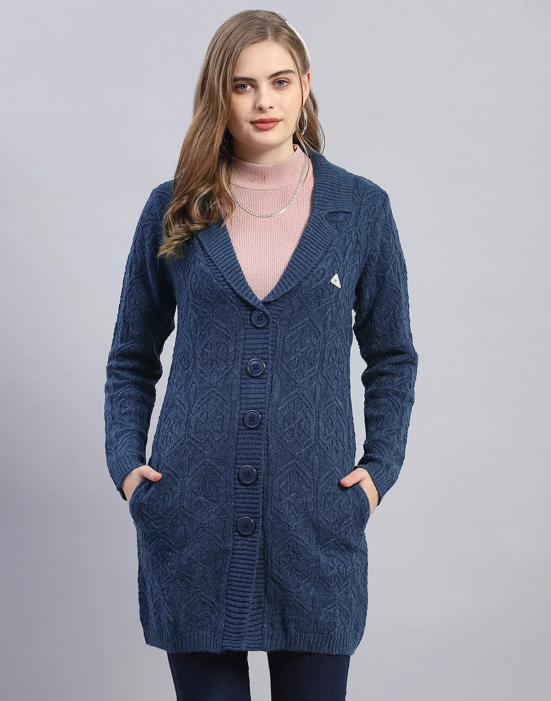 Women Blue Solid Lapel Collar Full Sleeve Cardigan