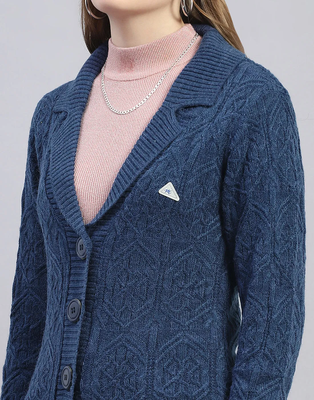Women Blue Solid Lapel Collar Full Sleeve Cardigan