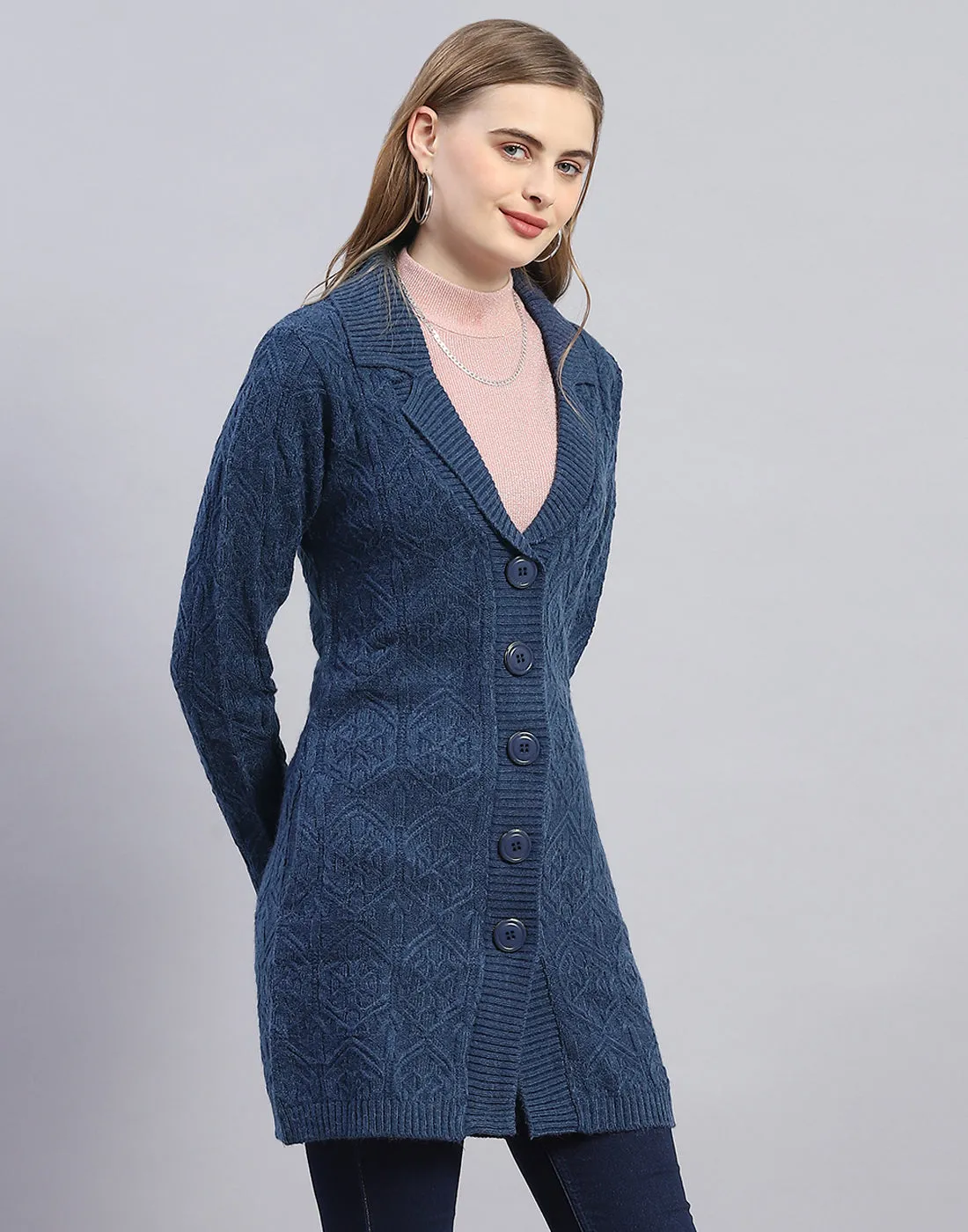 Women Blue Solid Lapel Collar Full Sleeve Cardigan