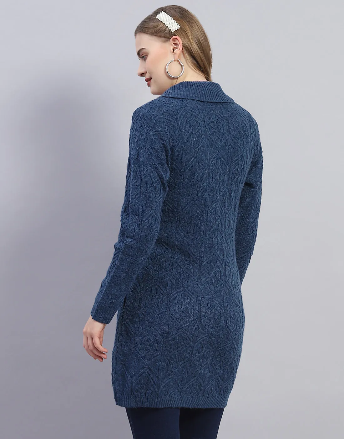 Women Blue Solid Lapel Collar Full Sleeve Cardigan