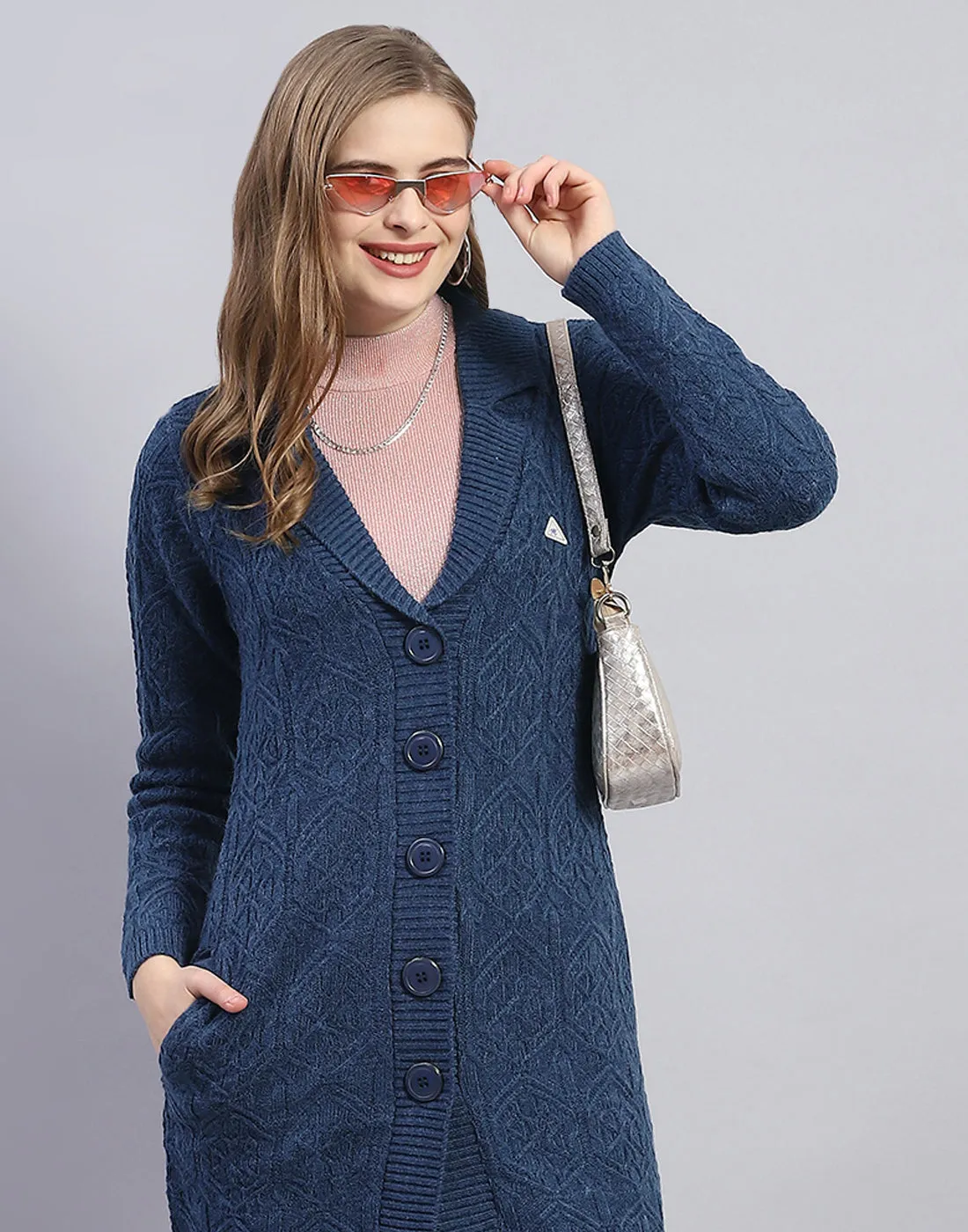 Women Blue Solid Lapel Collar Full Sleeve Cardigan