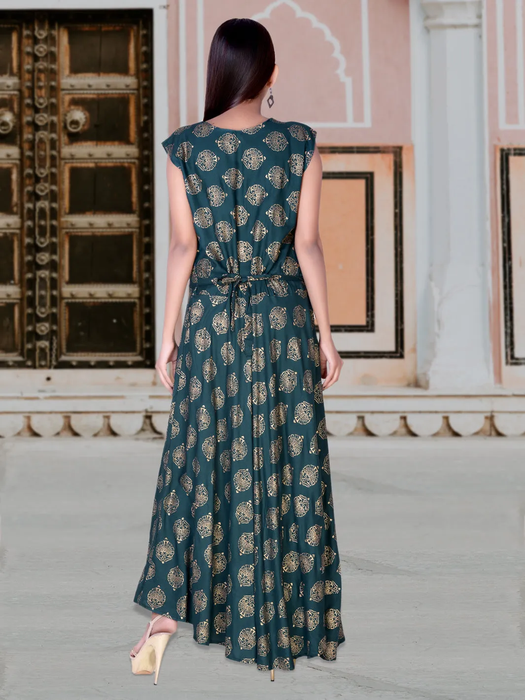 Women Rayon Green Gold Maxi Long Dress Gown