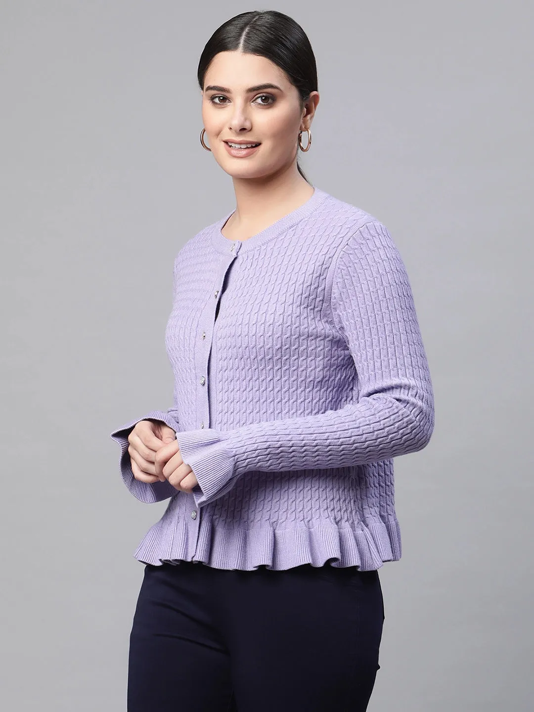Women Round Neck Ruffled Hem Sleeves Full Sleeves Lavender Textured Regular Fit Knitted Cardigan