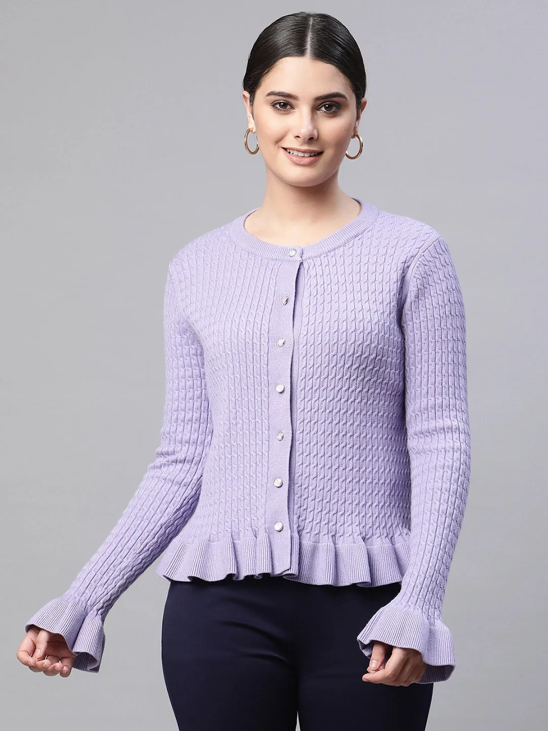 Women Round Neck Ruffled Hem Sleeves Full Sleeves Lavender Textured Regular Fit Knitted Cardigan