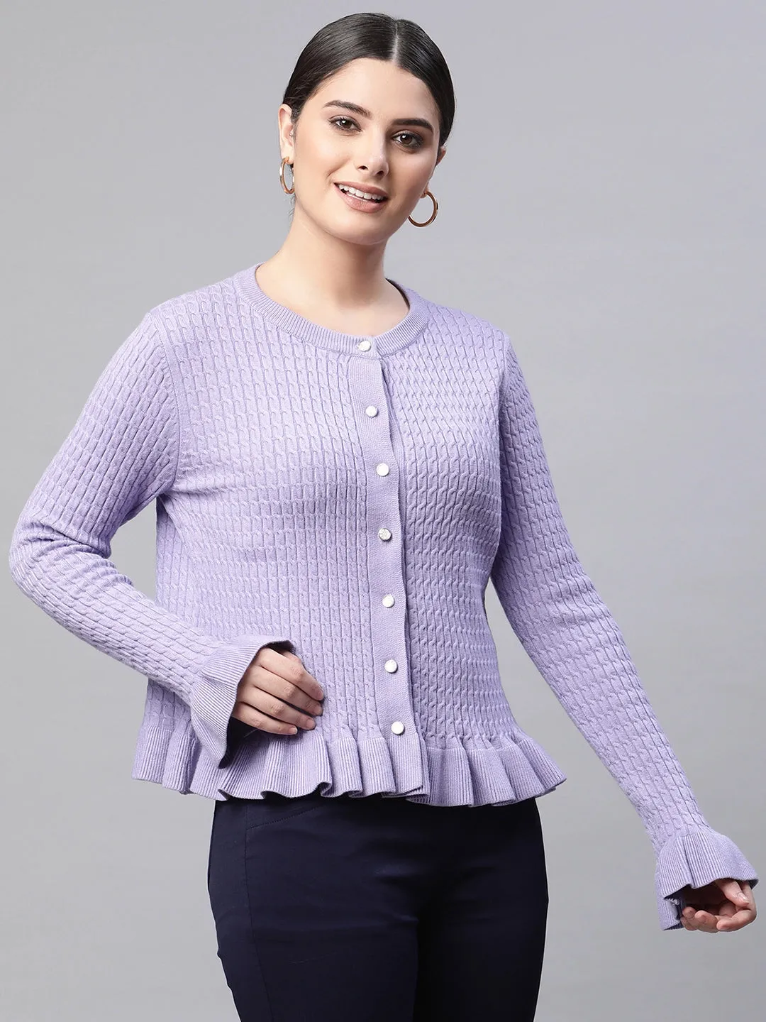 Women Round Neck Ruffled Hem Sleeves Full Sleeves Lavender Textured Regular Fit Knitted Cardigan